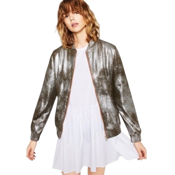 Zara Metallic Bomber Jacket Zip closure side pockets Size S good condition - Picture 1 of 10